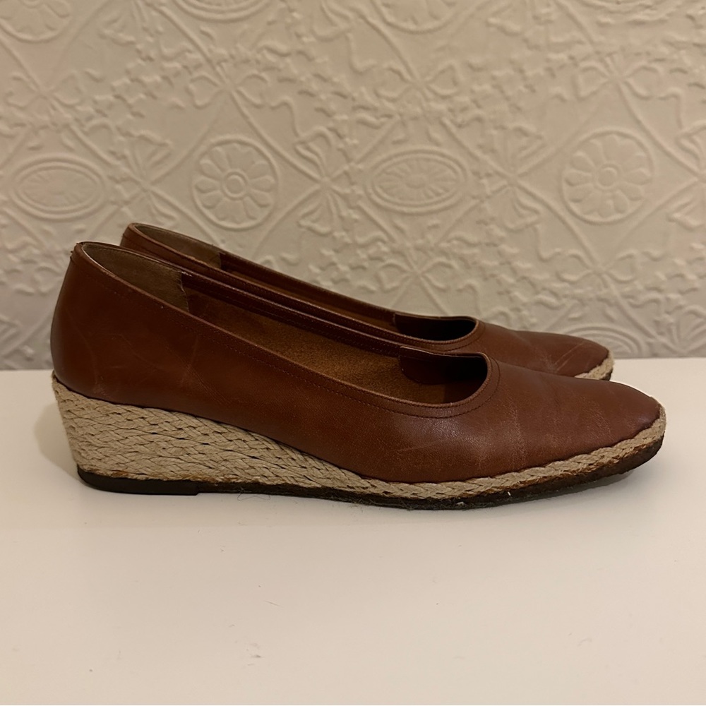 Vintage Ferragamo Espadrille Wedges 1950s 1960s Brown Leather, Size 36 Narrow